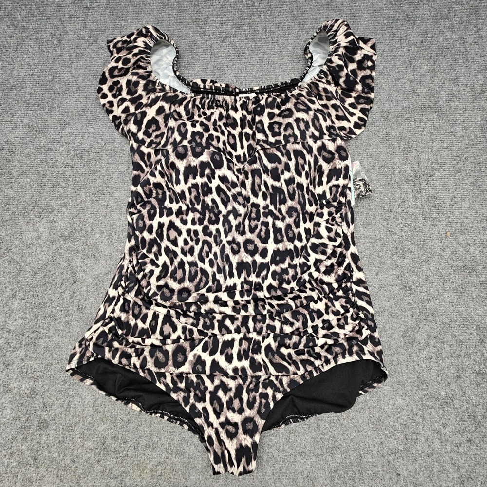 Swim Solutions Swimsuit Women 20W Black Multi Leopard Off Shoulder Tummy Control - Picture 1 of 11